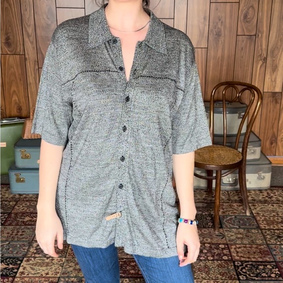 Claiborne Silk Viscose Bowling Shirt - Polo Style, Grey & Black - Picture 6 of 7